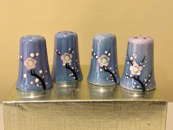 Japanese Lusterware Hand Painted Dogwood Flower Individual Salt and Pepper Shakers, Set of 4