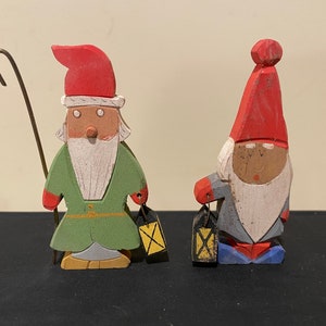 Vintage Carved and Painted Swedish Gnome Each Carrying a Lantern