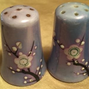 May include: A pair of ceramic salt and pepper shakers with a light blue glaze and a floral design. The shakers feature a delicate pattern of pink and white blossoms with black stems.