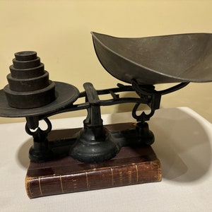 Antique Cast Iron Balance Scale with Tin Pan and Weights