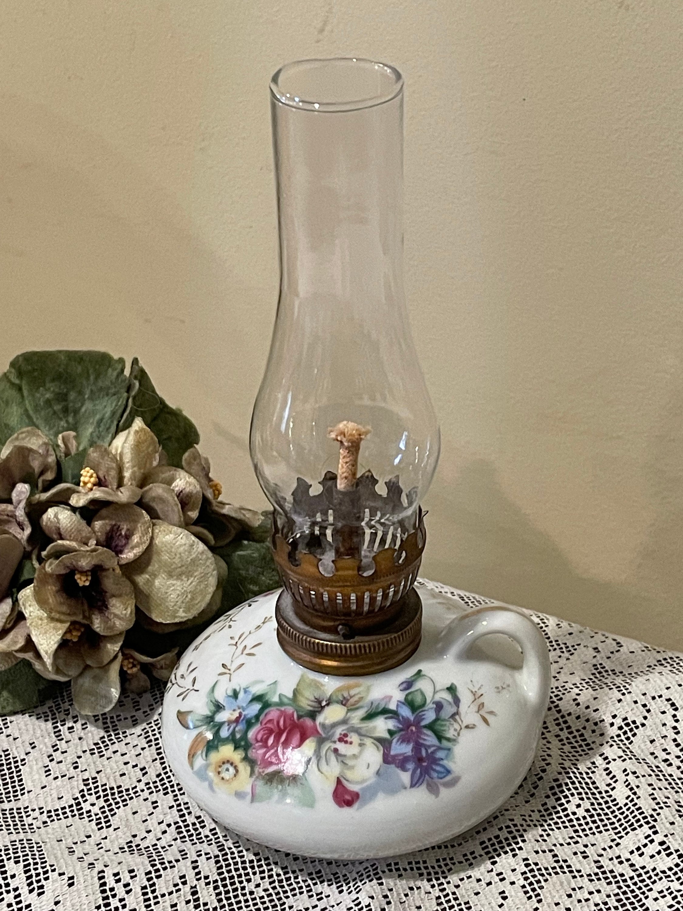 Vintage Floral Ceramic Miniature Oil or Keresene Lamp Witih Finger