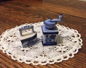 Miniature Blue and White Hand Painted China Iron and Coffee Grinder for Doll House or Shadow Box