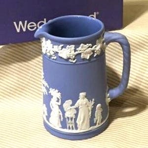 Wedgwood Blue Jasperware Cream Pitcher: Bas-Relief Trim, Made in England