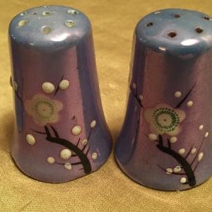 May include: A pair of blue salt and pepper shakers with a floral design. The shakers have a pearlescent finish and are decorated with white and green flowers.