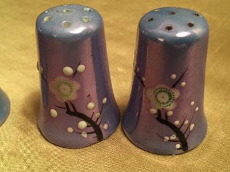 May include: A pair of blue salt and pepper shakers with a floral design. The shakers have a pearlescent finish and are decorated with white and green flowers.