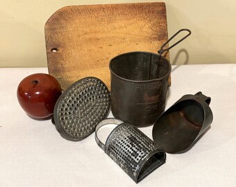 Vintage Tin Kitchen Accessories with Old Wooden Cutting Board, Set of 5