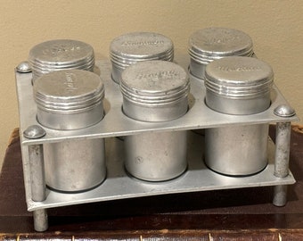 Vintage Wearever Aluminum Spices Jars on Rack, Marked T.A.C. U.Co. Circa 1950s