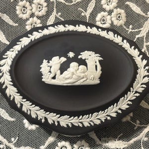Wedgwood Black Basalt Jasperware Oval Jewelry or Trinket Box, Made in England