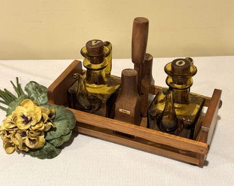 MCM Wood & Glass Cruet Set with Caddy - Gail Graft "Ye Olde Cruet" - 1970s