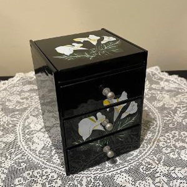 Small 3 Drawer Jewelry Chest with Mirror and Calla Lily Imprint