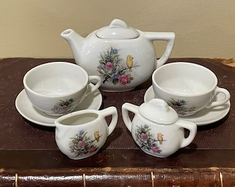 Vintage Porcelain Miniature Tea Set, White with Floral Design, Made in Japan