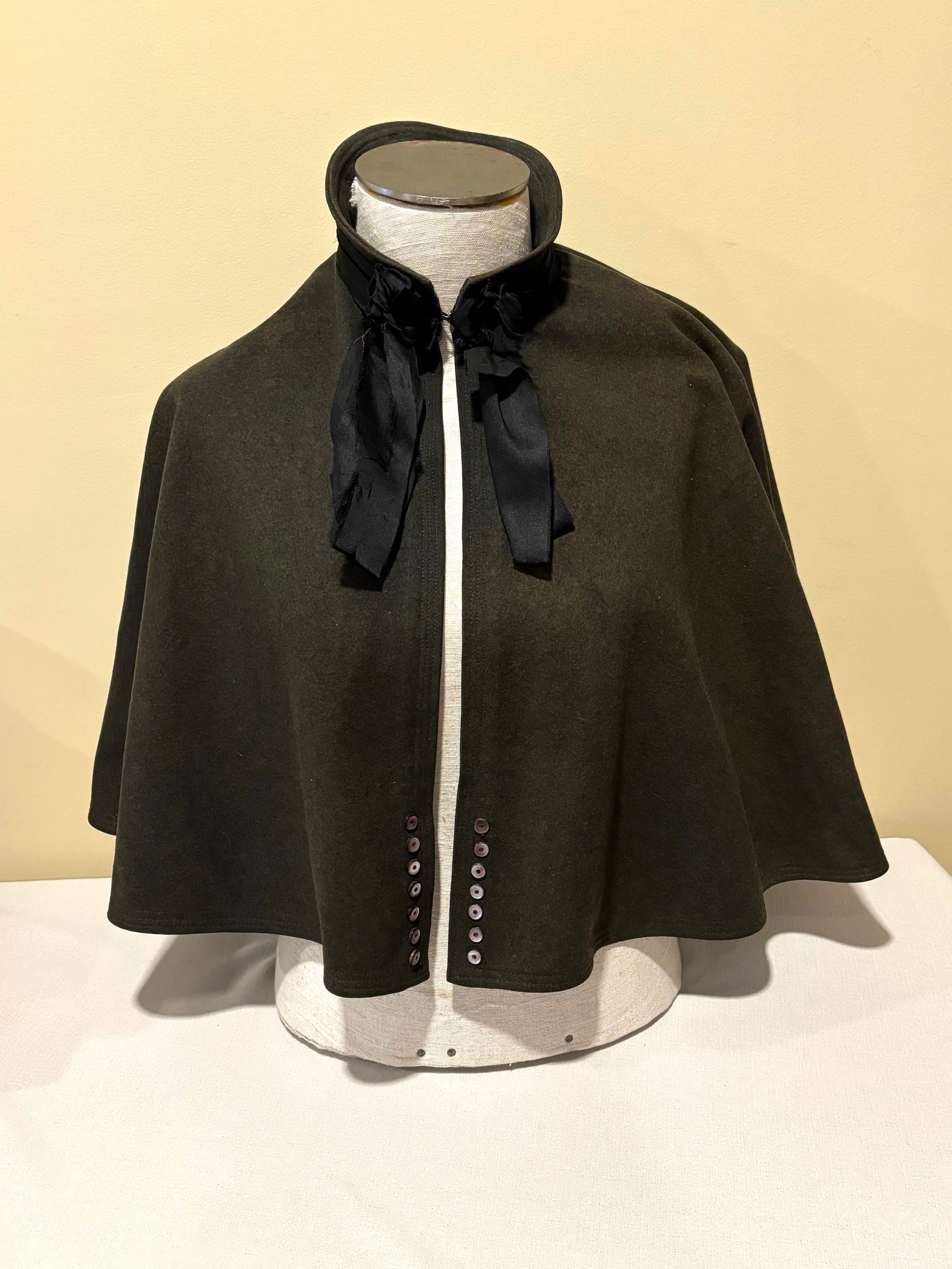 Antique Victorian Wool Cape With Black Ribbon Closing and Button