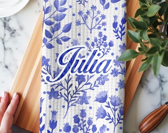 Chinoiserie Blue White Floral Tea Towel, Waffle Weave Kitchen Cloth, Custom Hostess Gift