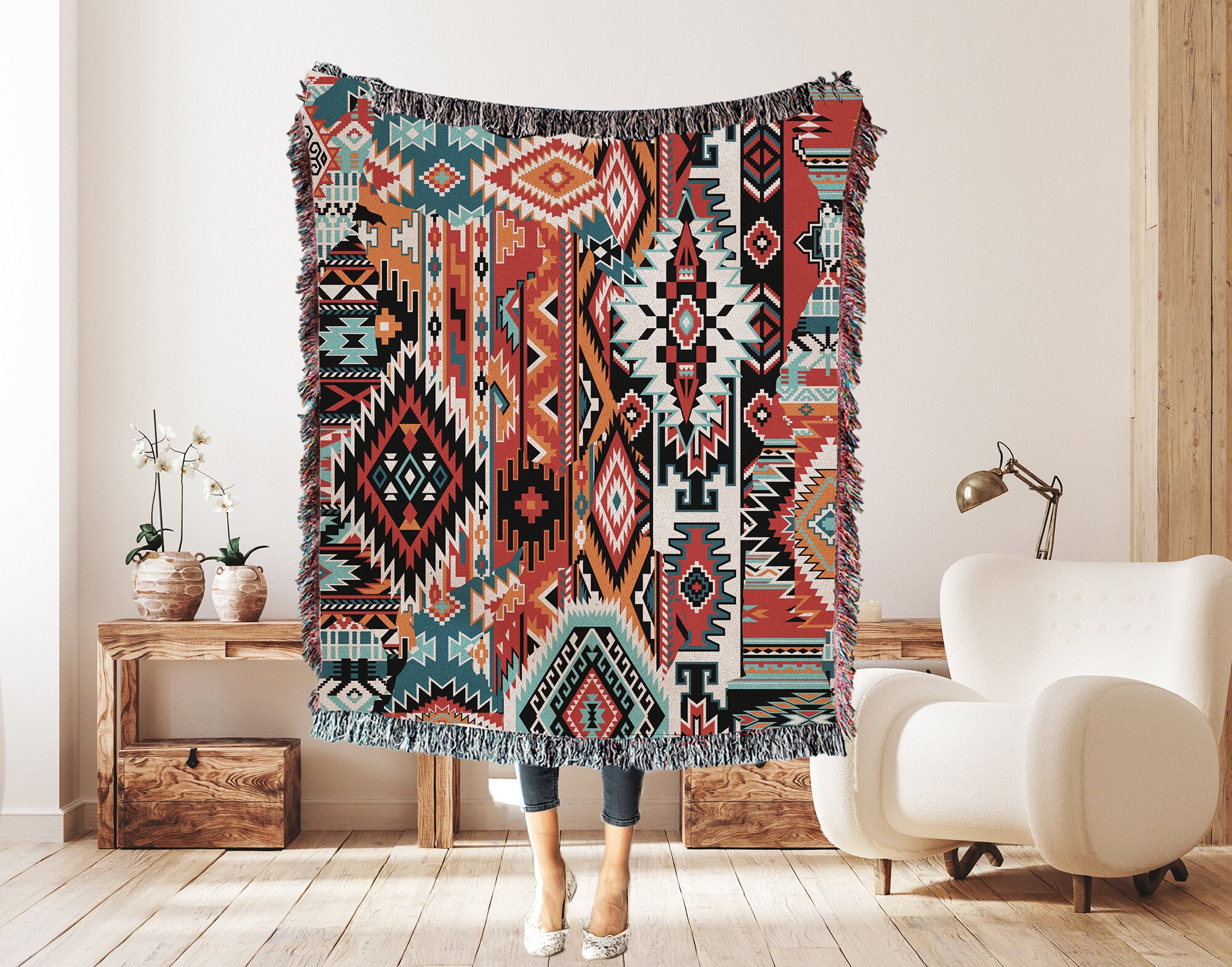 Southwest Tapestry Blanket Native American Inspired Pattern Etsy