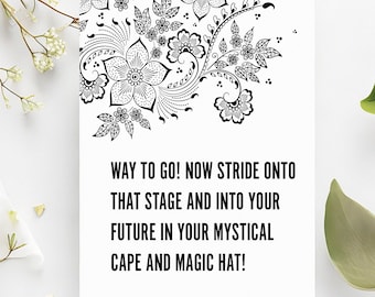 Funny Magical Hat and Robe Graduation Card, Floral Graduation Card Grad Card