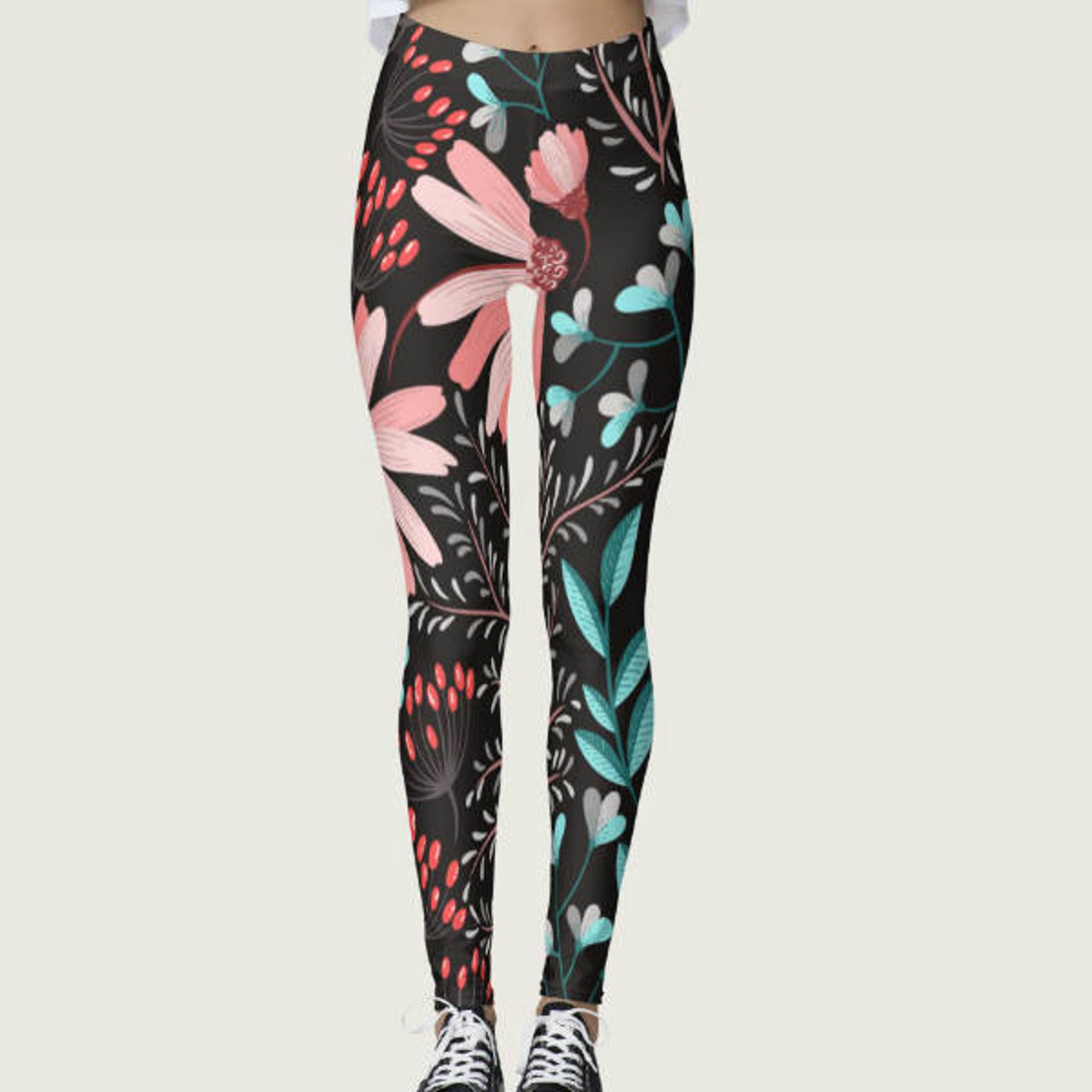 Black Floral Leggings, Black Nature Leggings