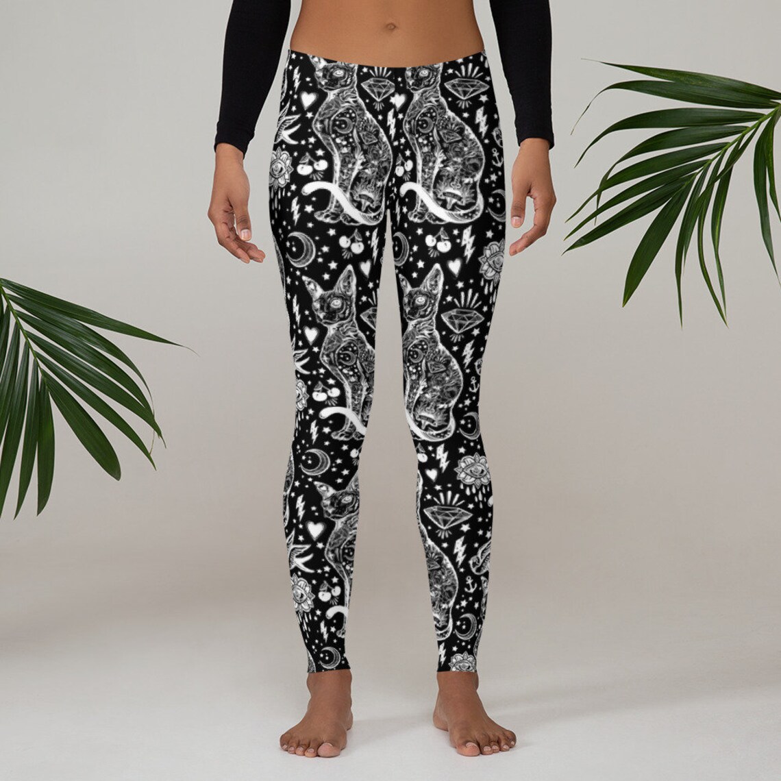 Witchy Sphynx Cat Yoga Pants for Women in Black and White Etsy