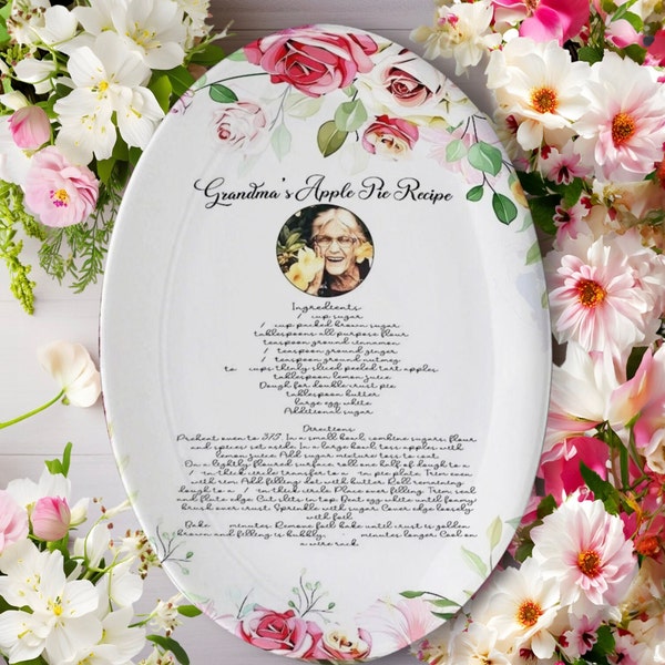 Handwritten Recipe Platter with Photo and Flowers, Gift For Mom, Wife or Sister