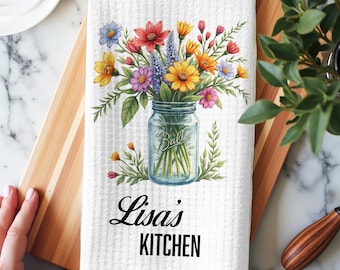 Custom Tea Towel With Names, Wildflowers Jar Kitchen Tea Towel, Personalized Gift-Hostess Housewarming Gift