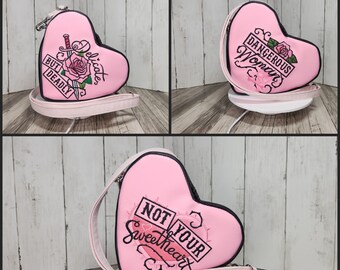 Lil heartbreaker crossbody bags, Handmade one-of-a-kind heart purses, Not Your Sweetheart, Dangerous Woman, Delicate but Deadly, Embroidery