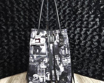 Witchy black cat purse, Handmade Gothic drawstring bag, Black cat one of a kind purse, Spooky shoulder bag, Goth bucket bag, Creepy gift