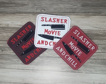 Horror-themed coasters, Slasher Movie and Chill Coasters, Embroidered Halloween-themed drink coasters, Handmade Horror movie decor coasters.