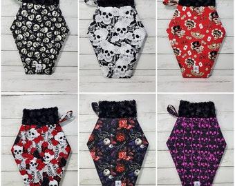 Coffin stockings, Gothic christmas stocking, Goth christmas decor, Skulls, Gothic, Macabre, Spooky Christmas decor, Skull and roses