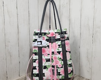 Pink and black rose drawstring purse, Handmade floral-themed bucket bag, One of a kind purse, Pink, black, white, Roses with stripes