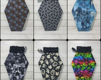 Coffin stockings, Gothic christmas stocking, Goth christmas decor, Spooky christmas decor, Skulls, Occult, Blackcats, Spiderwebs, Handmade