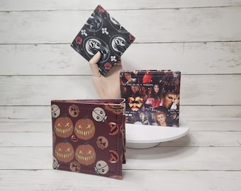 Gothic bi-fold wallets, Horror-themed wallets, Handmade one-of-a-kind wallets, Pumpkin kid, Slasher movie, Vampires, Spooky, Macabre