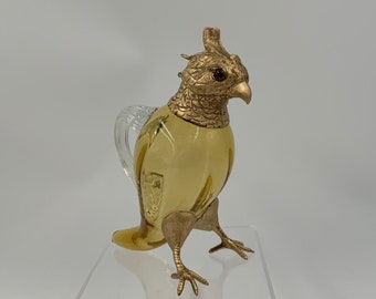 Antique Early 1900s Amber Glass Parrot Jug Novelty Decanter Bottle, Gold Gilt