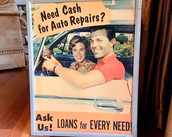 1950s Vintage Poster Advertisement For Auto Repair Loans In Original Metal Frame