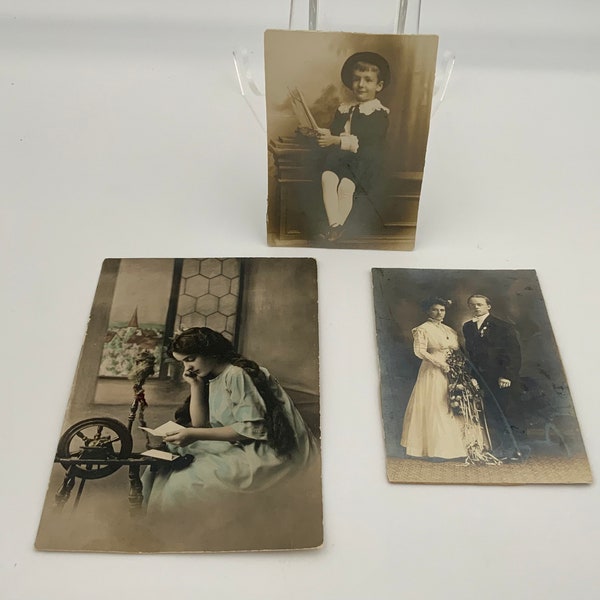 Collection Of Three Antique Photos, Hand tinted Young Girl With Spinning Wheel, Boy With Toy Boat, Wedding Portrait
