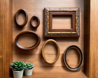 Vintage Oval & Rectangular Wood Frame Set, 6 Piece Gallery Wall Collection, 1980s Unused Frames (Fits 5x7, 3x5, 2x3 Photos)