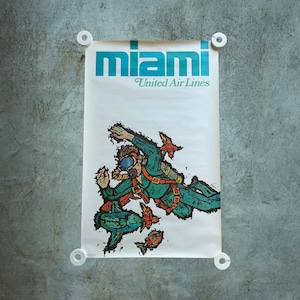 Cica 1967 Cartel de viaje original de United Airlines Miami Florida, James Jebary firmado, Scuba Diver