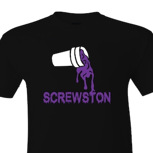 May include: Black t-shirt with a white graphic of a purple drink spilling out of a cup. The text "SCREWSTON" is printed in purple below the graphic.