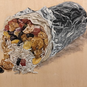 May include: A painting of a burrito wrapped in aluminum foil. The burrito is filled with rice, beans, meat, and vegetables. The burrito is lying on a wooden surface.