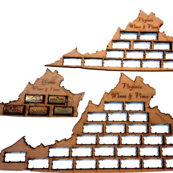 Virginia Wines & Vines, laser cut, cherry wood veneer, cork display map, choice of 3 sizes