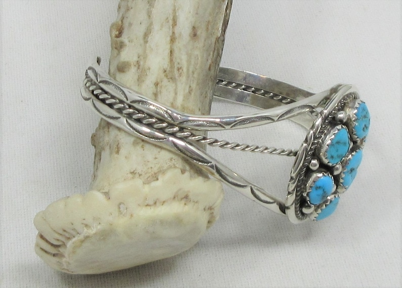 December Birthstone Cluster Native American Handmade Bracelet Sterling Silver Stamped #266 Turquoise Cuff Bracelet Navajo Signed