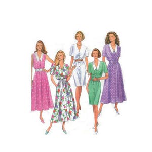 Vestido delantero con botón con cintura elástica y falda delgada o falda acampanada y opciones de manga - 1992 Patrón de simplicidad original completo #8227