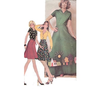 May include: Vintage fashion illustration featuring three women in different outfits. One woman wears a green dress with a landscape applique. The other two wear a red skirt and a floral skirt with a yellow top and a black floral top.