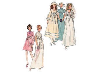 Klassieke trouwjurken van Empire taille en bruidsmeisje jurken met mouwen variaties - 1970 's volledige oorspronkelijke Butterick patroon #6000