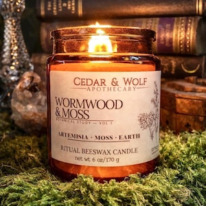 Wormwood & Moss | Beeswax Apothecary Candle | Wooden Wick Botanical | Dark Academia Forest Decor Herbal Amber Jar Cozy Woodsy Forest Candle
