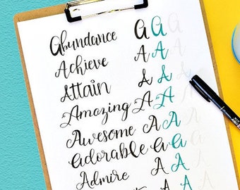 A-Z Hand Lettering Practice, 26 Capital Letters, 208 Words, Hand-lettering, Instant Download Workbook, Brush, Bounce, and Modern Calligraphy