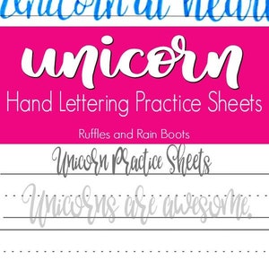 Unicorn Hand Lettering Practice Sheets, Unicorn Wall Art, Hand-lettering, Instant Download, Brush, Bounce, and Modern Calligraphy