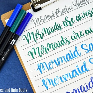 Mermaid Hand Lettering Practice Sheets, Mermaid Wall Art, Hand-lettering, Instant Download, Brush, Bounce, and Modern Calligraphy image 1