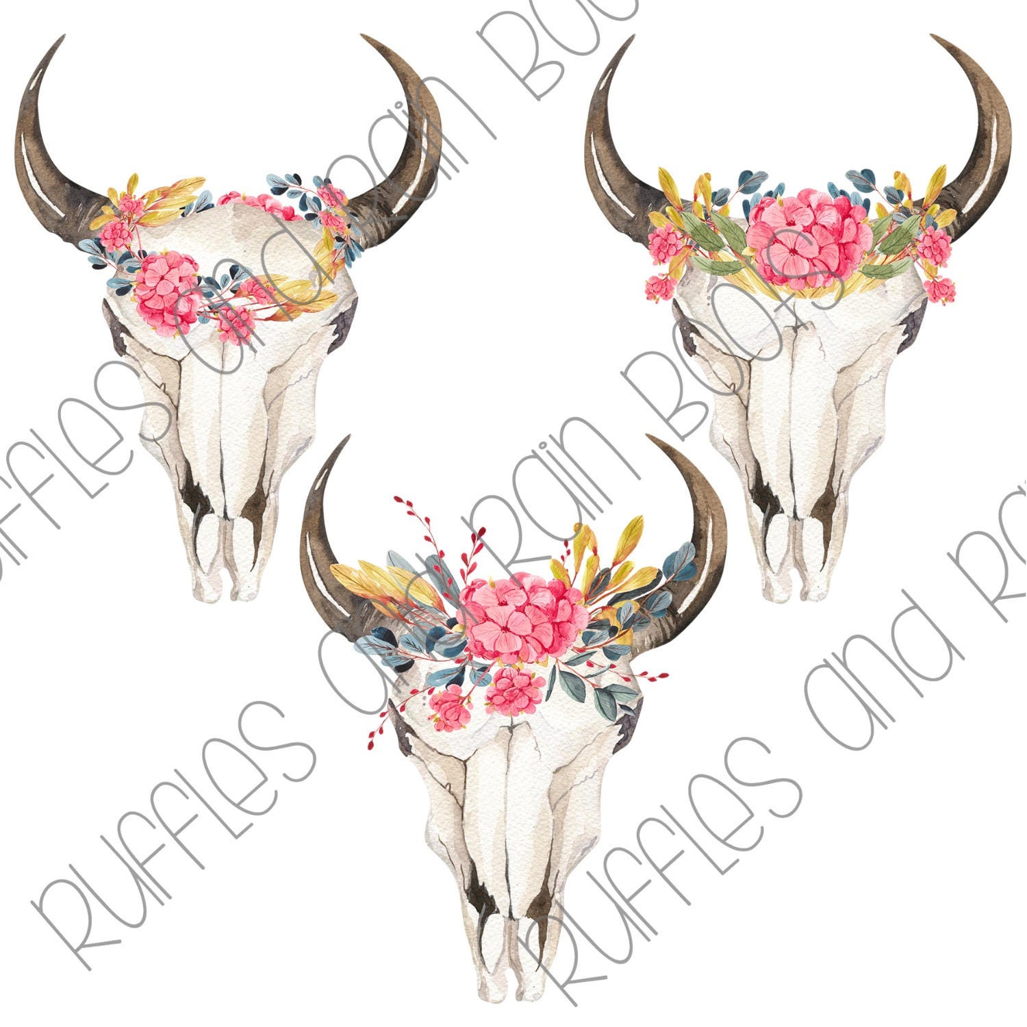 3 Watercolor Bull Cow Skull and Flowers SVG PNG Clipart Boho | Etsy