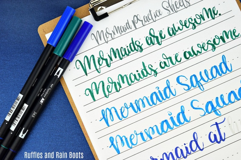 Mermaid Hand Lettering Practice Sheets, Mermaid Wall Art, Hand-lettering, Instant Download, Brush, Bounce, and Modern Calligraphy image 1