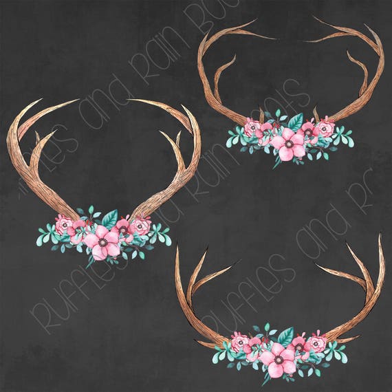 Download 3 Watercolor Deer Antlers And Flowers Svg Png Clipart Boho Etsy