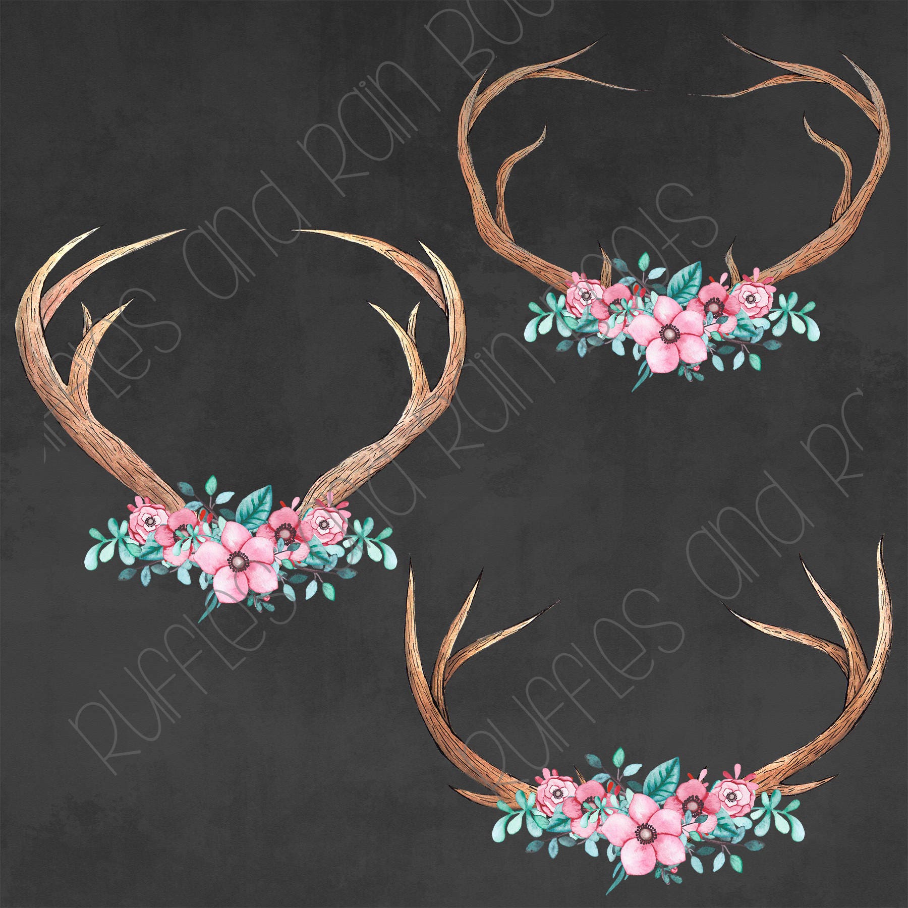Download 3 Watercolor Deer Antlers and Flowers SVG PNG Clipart Boho ...